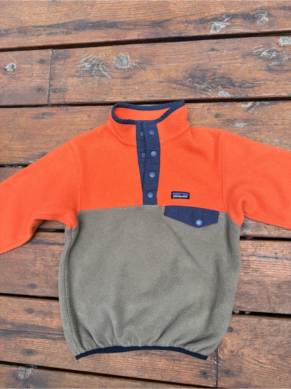 Patagonia Kids Synchilla Snap Orange & Olive Snap Pullover Fleece with Navy Trim